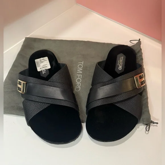 Tom Ford Black Slide Sandals with Gold Buckle